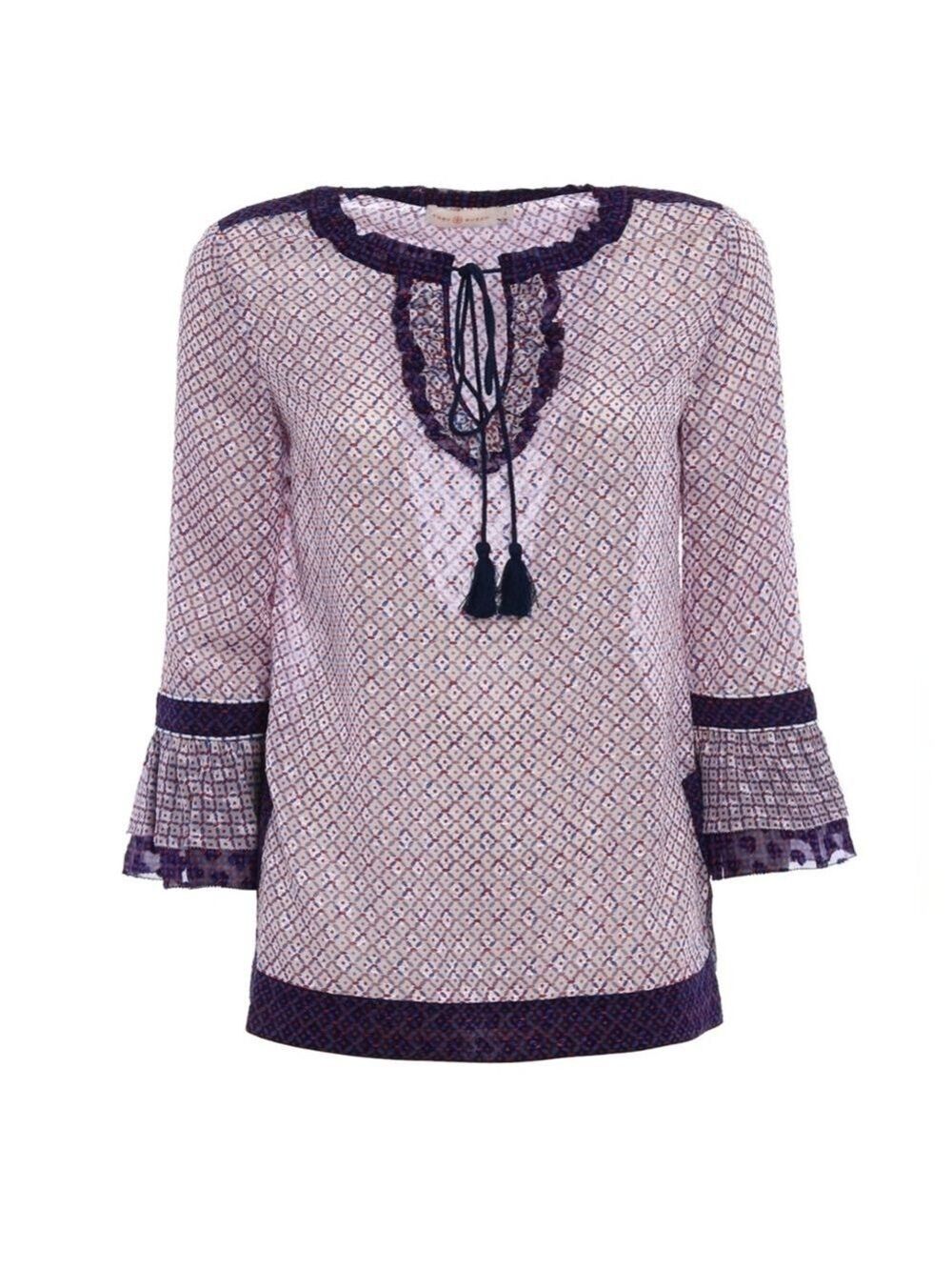 TORY BURCH GWENNA SILK BLEND RUFFLE SLEEVE BLOUSE TUNIC SIZE 10 EUC